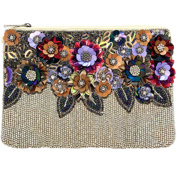Silver Beaded Floral Sequin Clutch