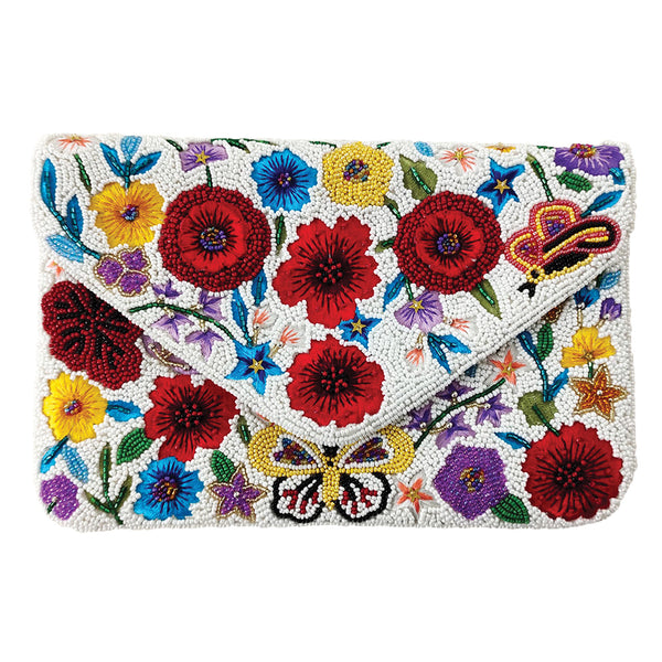 White Floral Beaded and Embroidered Clutch