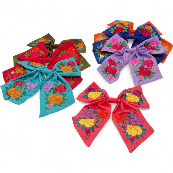 Embroidered Rose Hair Bow