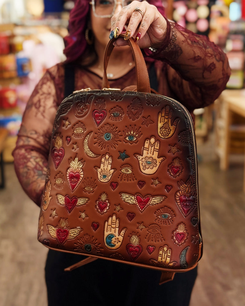 Brown Leather Embossed Backpack (Sacred Heart/Evil Eye)