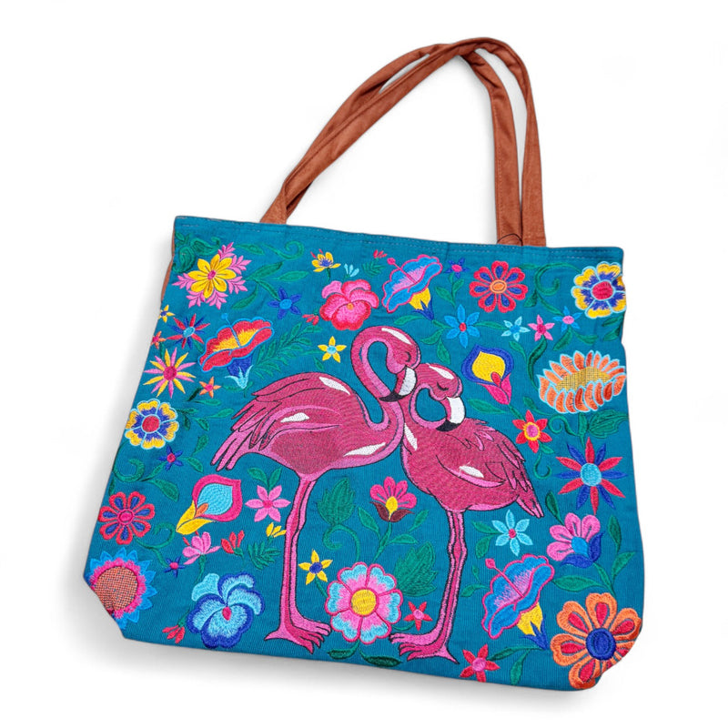 Embroidered Flamingo Suede Tote Bag