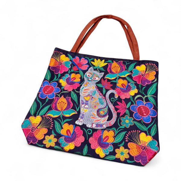 Embroidered Sugar Skull Cat Suede Tote Bag