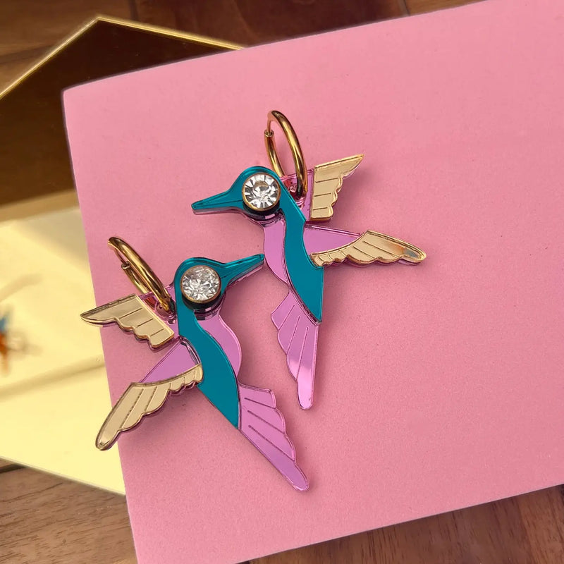 Glam Hummingbird Hoop Earrings - Hot Pink + Gold + Rosegold