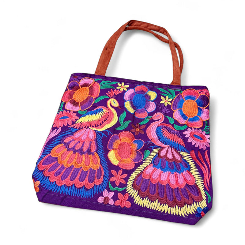 Embroidered Floral Peacock Suede Tote Bag