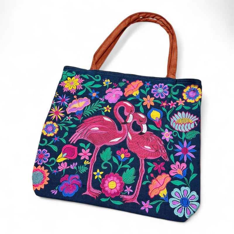 Embroidered Flamingo Suede Tote Bag