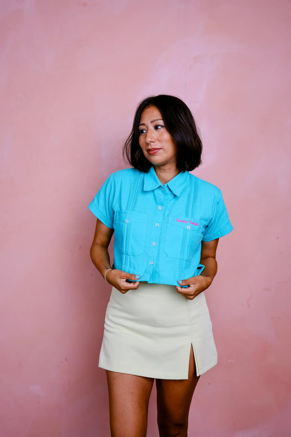 Yucatán Cropped Guayabera (Turquoise)