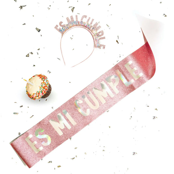 "Es Mi Cumple" Bundle, Glitter Pink Birthday Set, Birthday Crown En Español, Latina Birthday