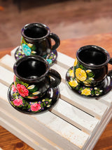 Black Wood Floral Mug and Saucer