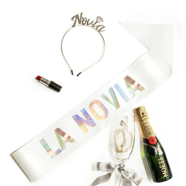 "Novia" Bundle in Silver, Novia Headband and Sash Set, Novia Party Set For Bachelorette, Latina Wedding, Latina Bride