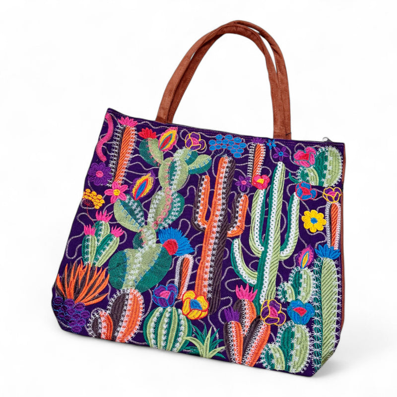 Embroidered Cactus Desert Suede Tote Bag
