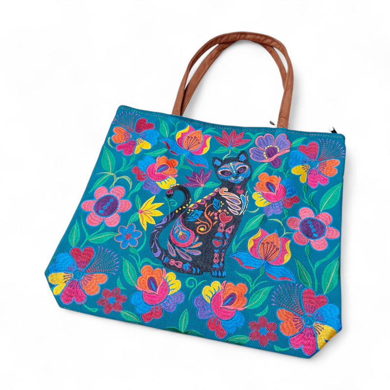Embroidered Sugar Skull Cat Suede Tote Bag