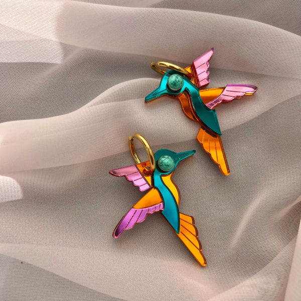 Glam Hummingbird Hoop Earrings - Orange + Turquoise + Hot Pink