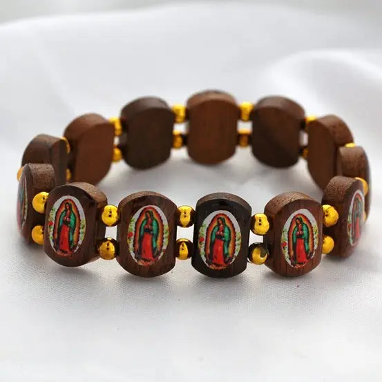 Wood Virgin Mary Bead Bracelet Gold Beads