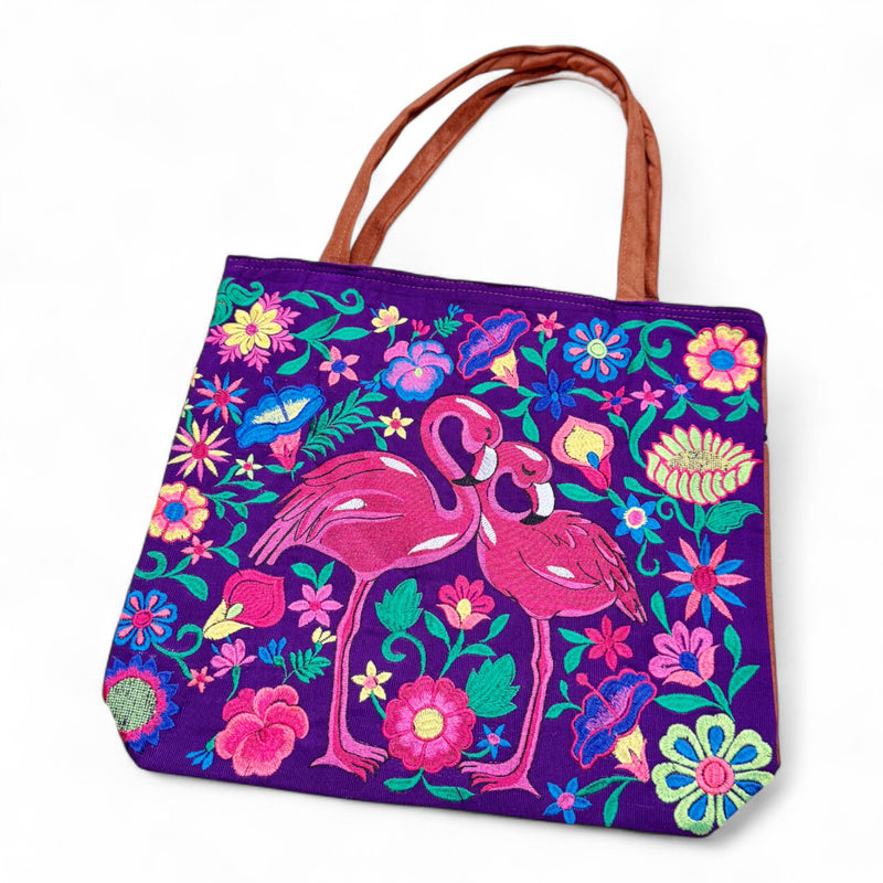 Embroidered Flamingo Suede Tote Bag