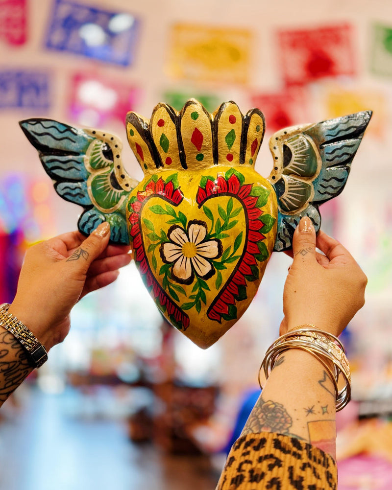Wood Carved Painted Heart Wings (8 Options)