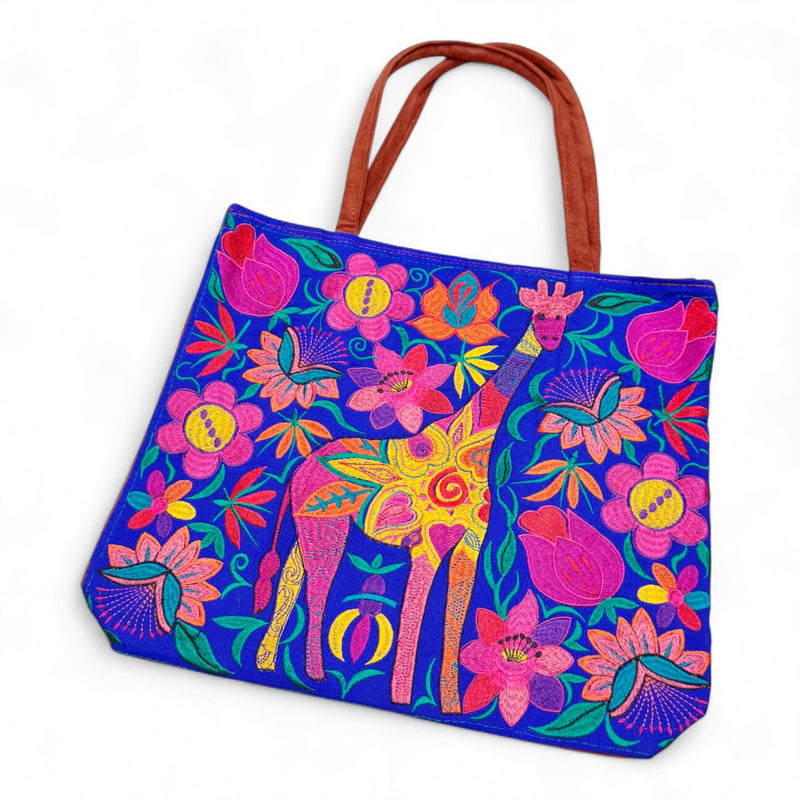 Embroidered Giraffe Suede Tote Bag