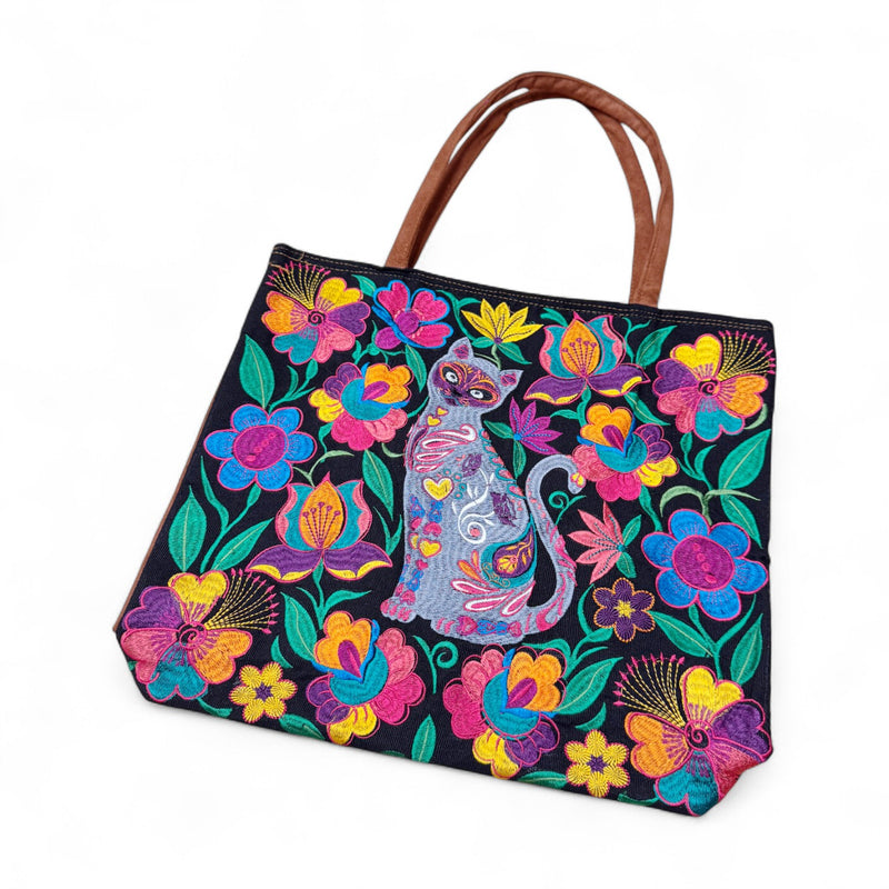 Embroidered Sugar Skull Cat Suede Tote Bag
