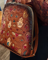 Brown Leather Embossed Backpack (Sacred Heart/Evil Eye)