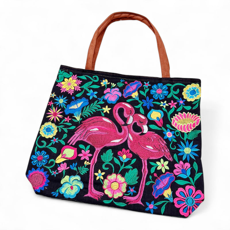 Embroidered Flamingo Suede Tote Bag