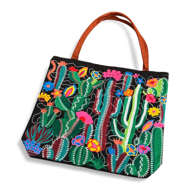 Embroidered Cactus Desert Suede Tote Bag