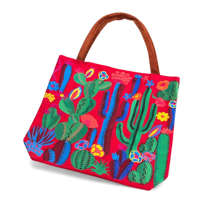 Embroidered Cactus Desert Suede Tote Bag