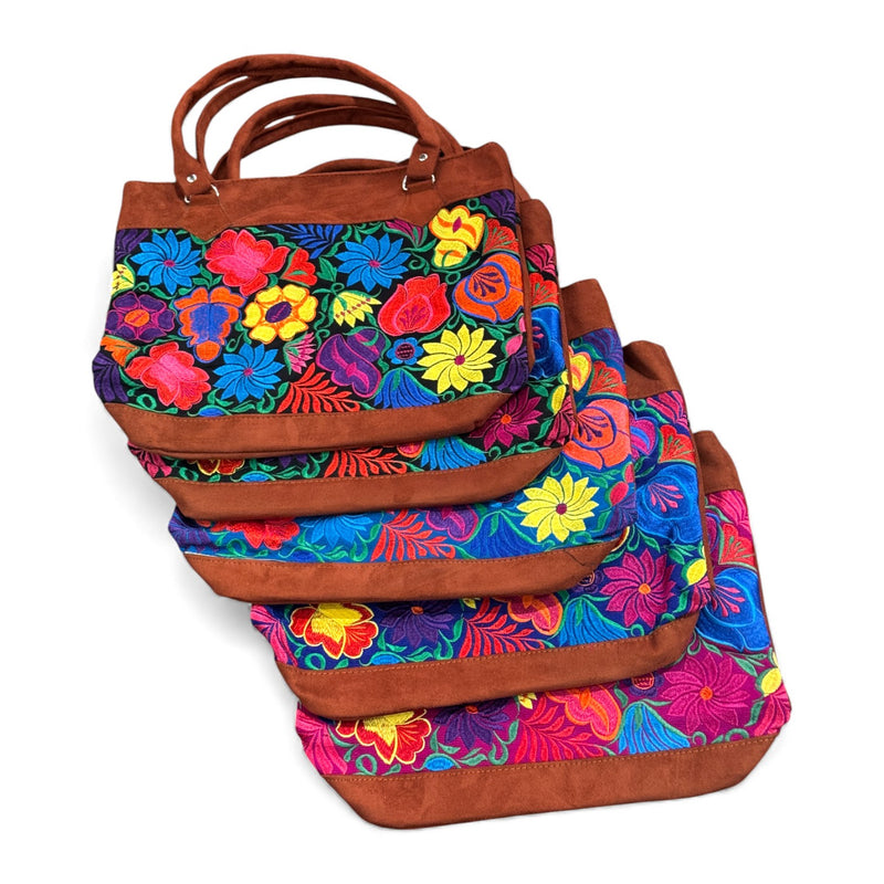 Embroidered Floral Pattern Vegan Suede Purse Tote Bag