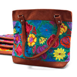 Embroidered Floral Pattern Vegan Suede Purse Tote Bag