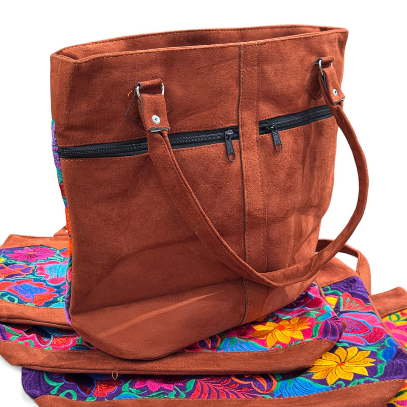 Embroidered Floral Pattern Vegan Suede Purse Tote Bag