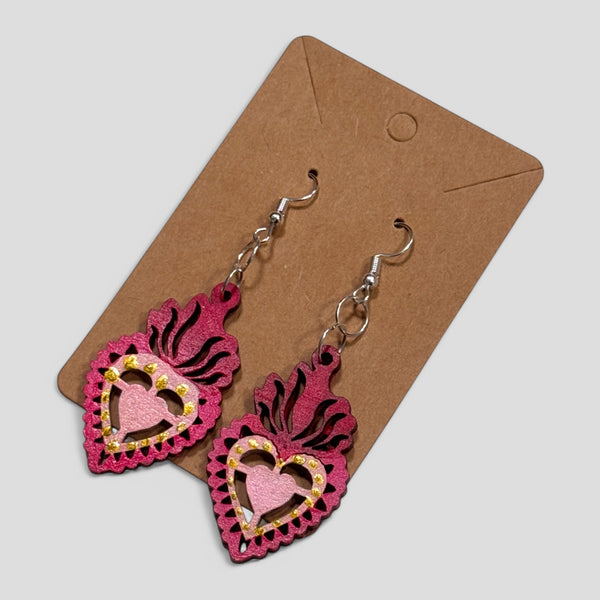 Wooden Sacred Heart Earrings