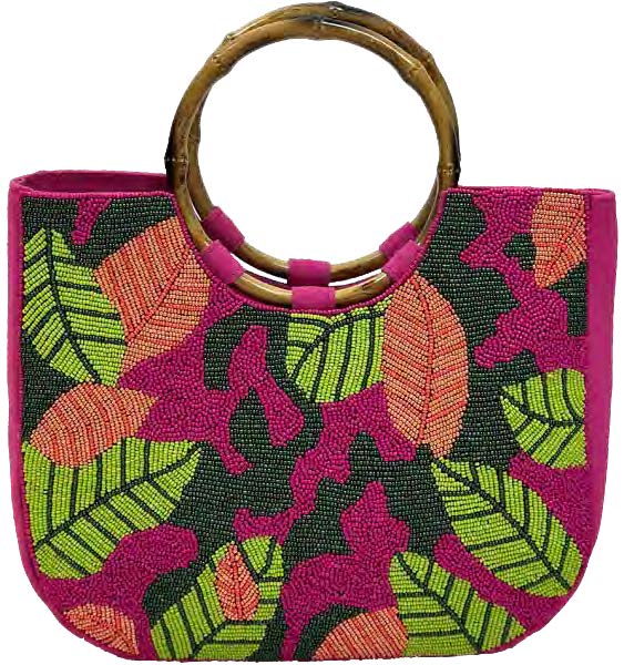 Fuschia Beaded Leaf Tote w/ Handle