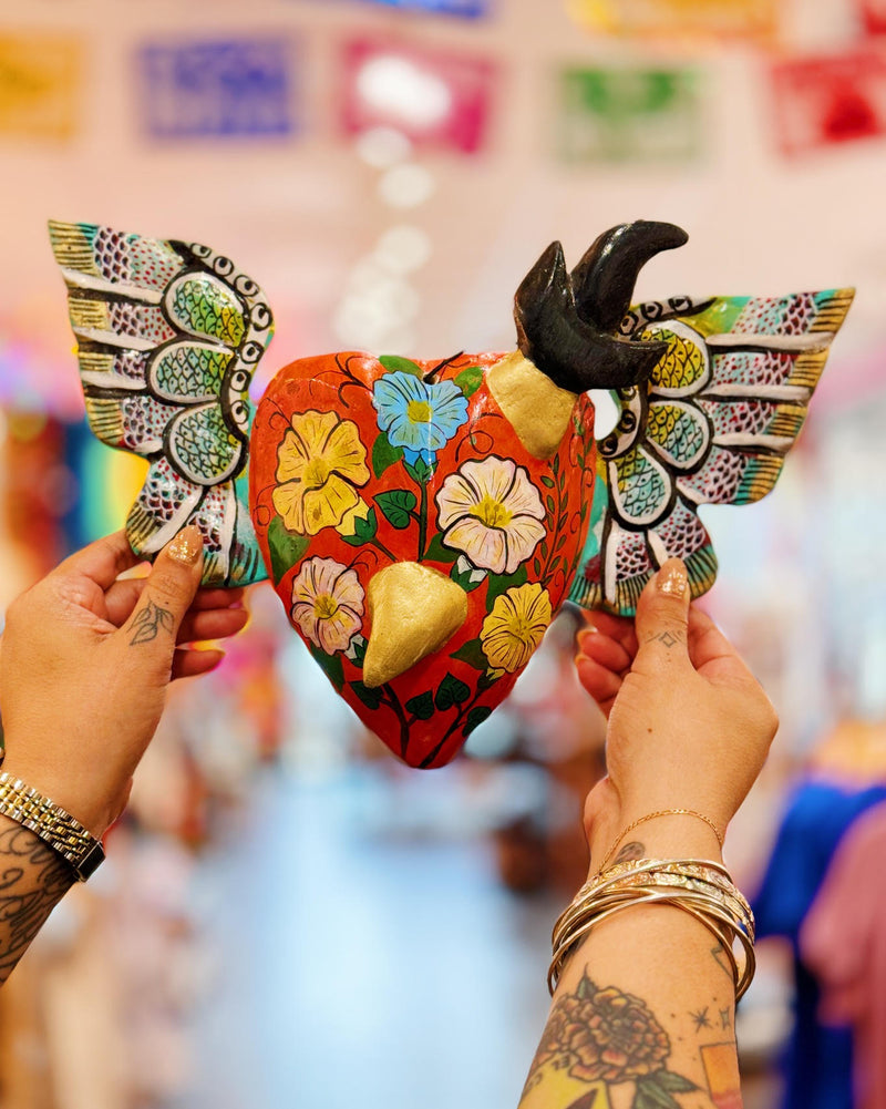 Wood Carved Painted Heart Wings (8 Options)