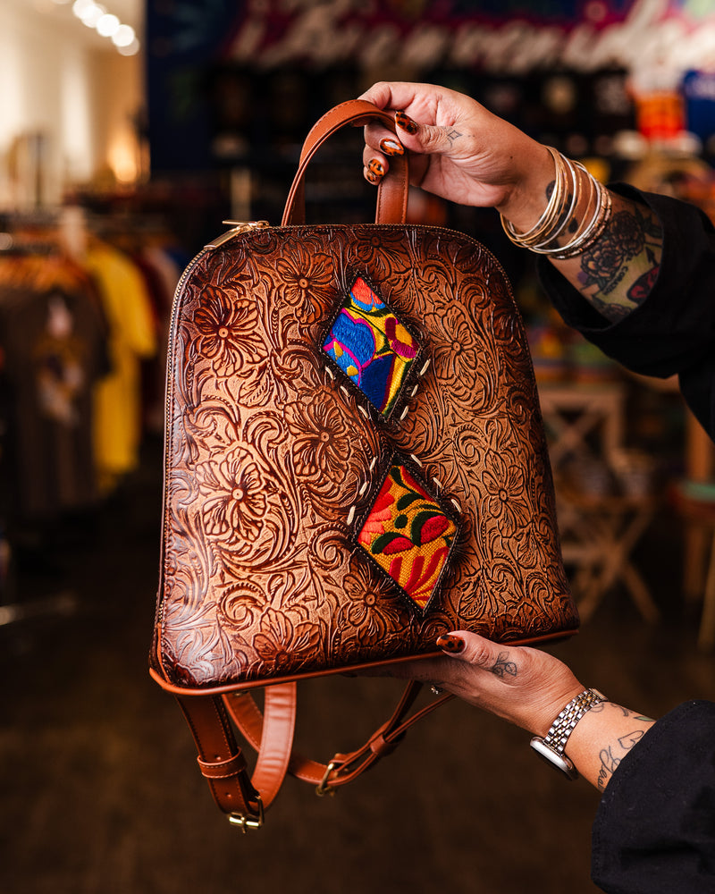 Brown Leather Embossed Backpack