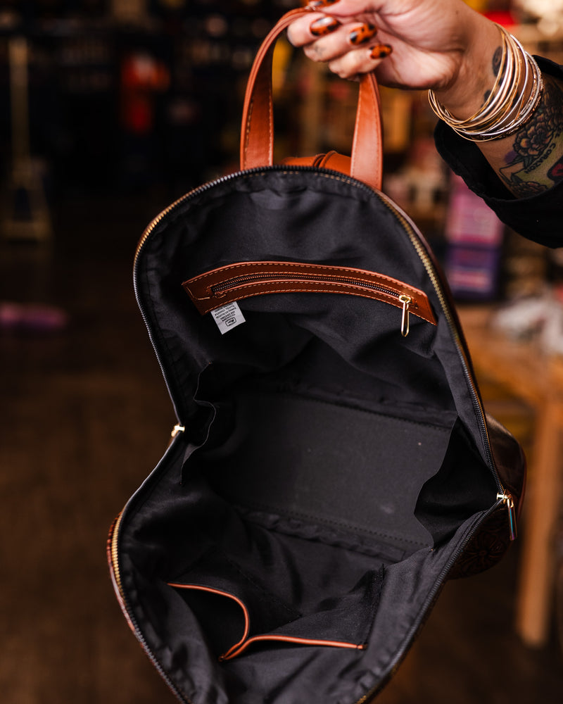 Brown Leather Embossed Backpack