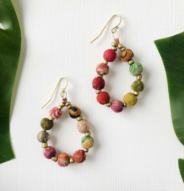 Kantha Beaded Teardrop Earrings