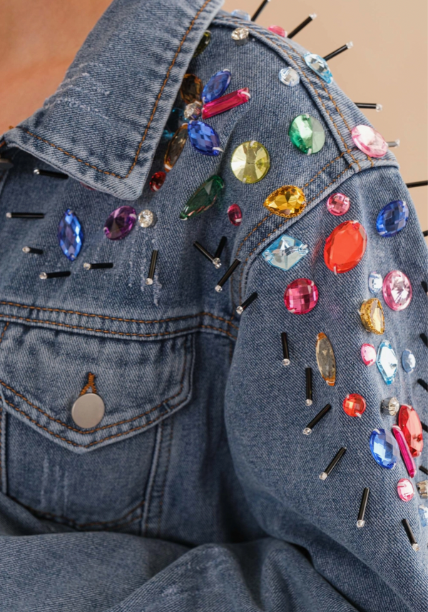 Rainbow Jeweled Embellished Jean Jacket
