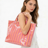 Fuchsia & Orange Striped Vinyl Tote Bag