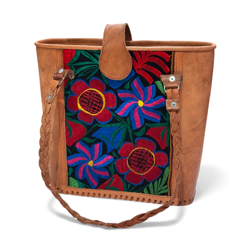 Leather Embroidered Structured Tote Bag