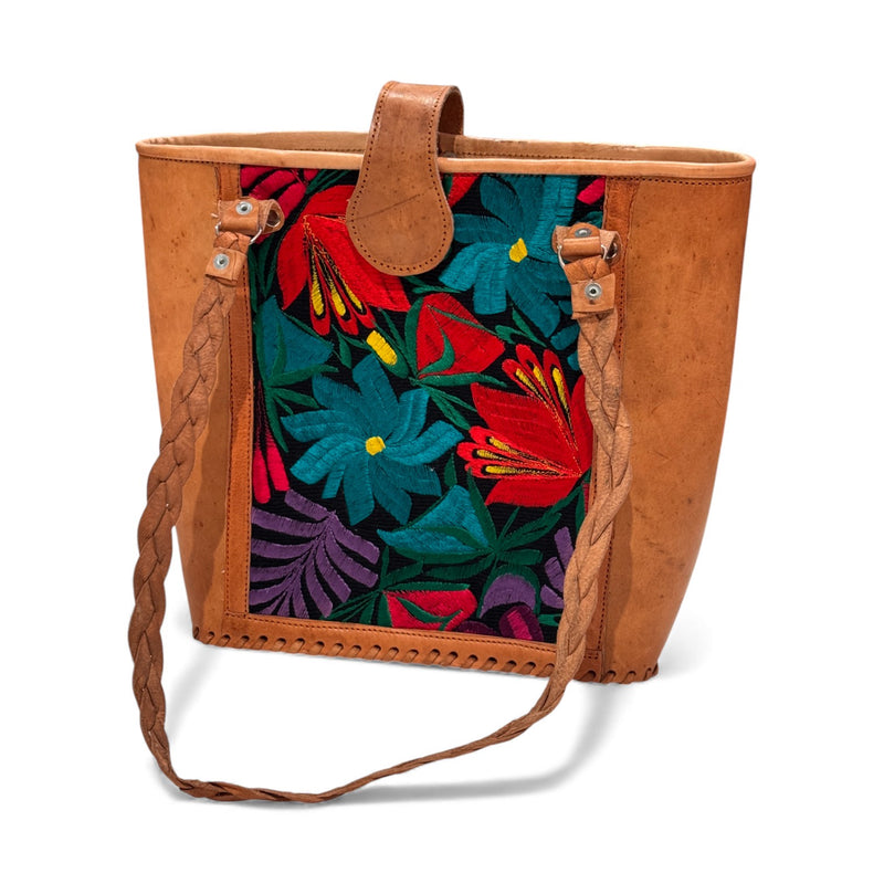 Leather Embroidered Structured Tote Bag