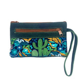 Cactus Embroidered Floral Suede Wristlet Bag