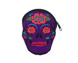 Sugar Skull Face Embroidered Floral Suede Coin Purse