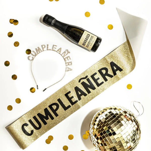 "Cumpleañera" Bundle in Gold, Birthday Crown and Sash Set, Birthday En Español