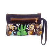 Cactus Embroidered Floral Suede Wristlet Bag