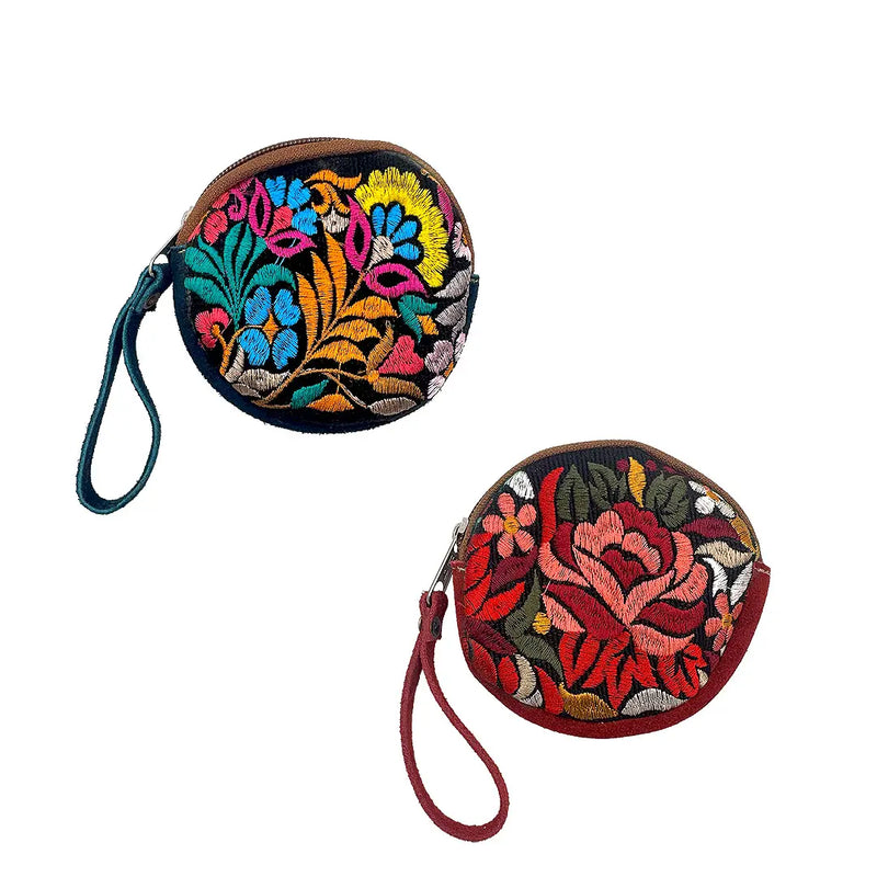 Round Embroidered Floral Leather "Bella" Coin Purse Pouch