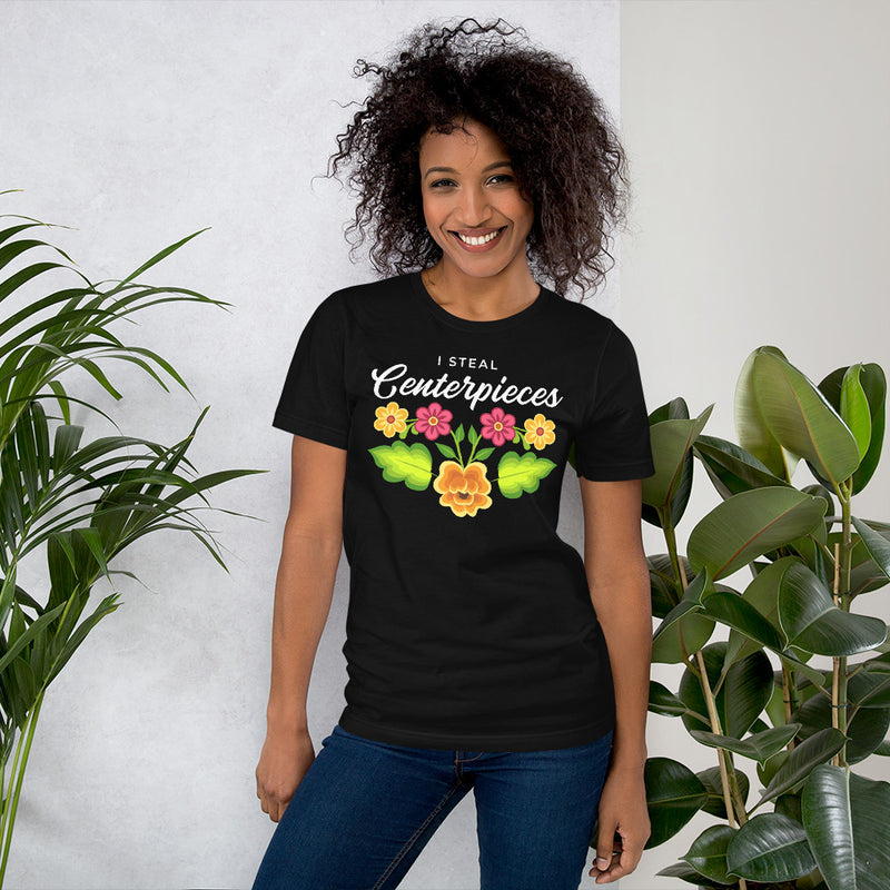 Sew Bonita I steal centerpieces shirt with floral graphic in black on woman