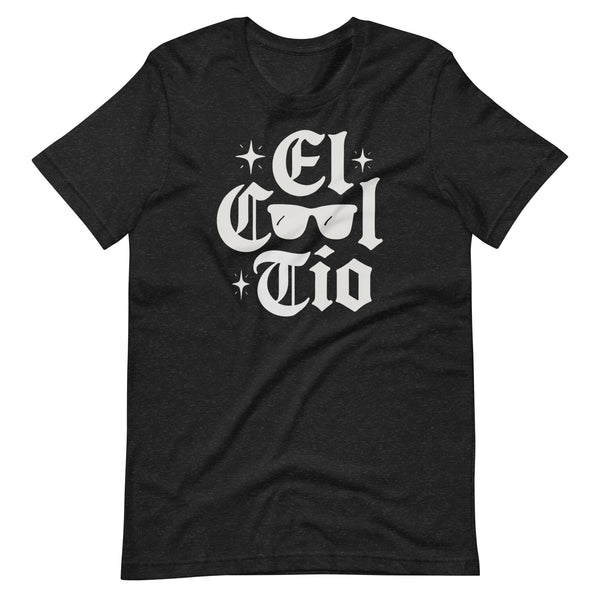 Black T-shirt with white gothic-style lettering that reads “El Cool Tío” with a pair of sunglasses graphic in the center and small star accents around the text.