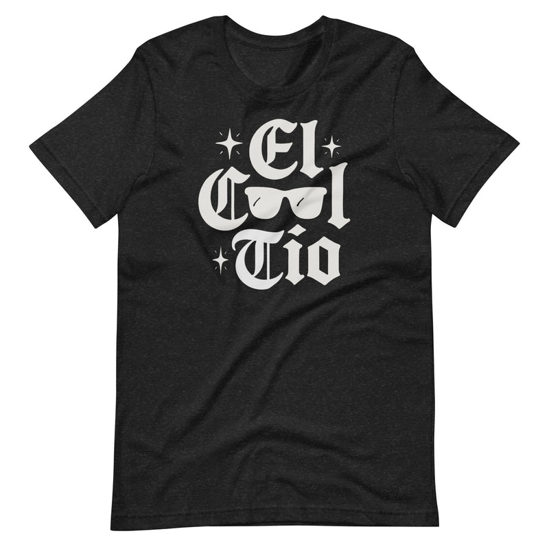 Black T-shirt with white gothic-style lettering that reads “El Cool Tío” with a pair of sunglasses graphic in the center and small star accents around the text.