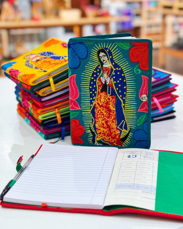 Embroidered Virgen Notebook at Sew Bonita in Corpus Christi, TX.