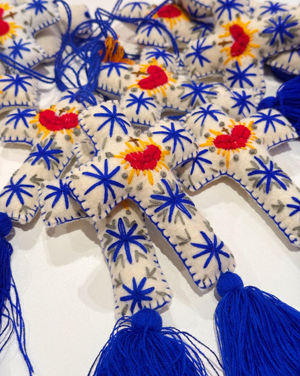 Blue Embroidered Cross Pom