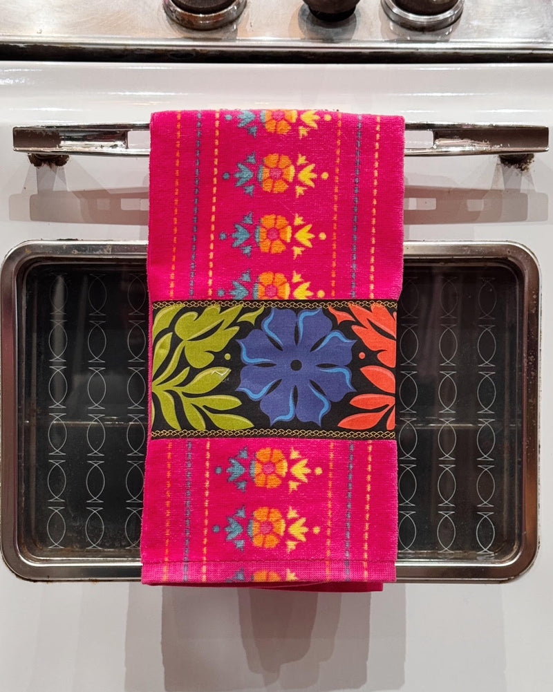 Sew Bonita Pink Floral Appliqué Kitchen Towel