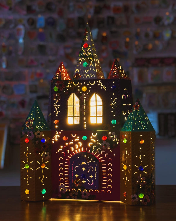 Hand Painted Tin Church with Light